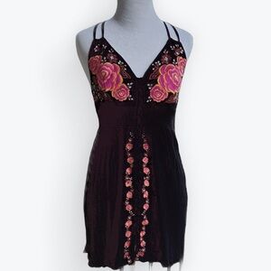 Floral Embroidered Boho Black Mini Whimsigoth Slip Racerback Retro Sundress ~ M